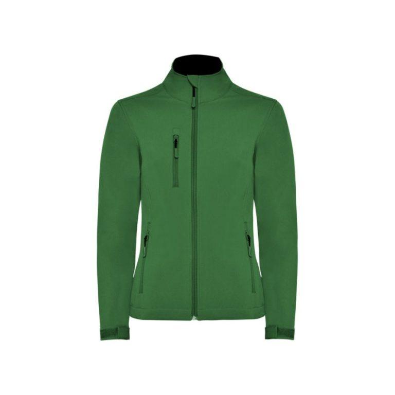 CHAQUETA SOFTSHELL MUJER · TEJIDO POLAR DOBLE CAPA · AMBIENTES FRÍOS · ELÁSTICA VERDE BOTELLA FRONT