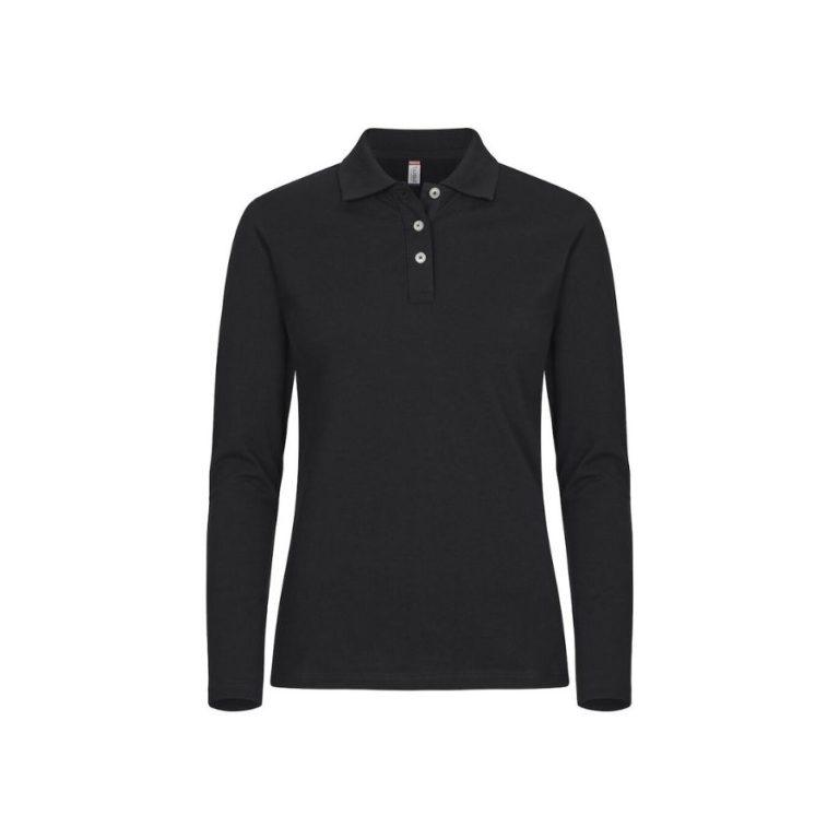 POLO MUJER MANGA LARGA ELÁSTICO · ALTA CALIDAD · SIN PUÑOS · PRE-ENCOGIDO · 215GSM · BLACK FRONT