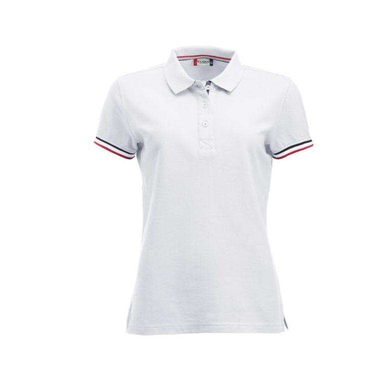POLO MUJER PIQUÉ · MANGA CORTA CON RIBETE TRICOLOR · 100% ALGODÓN PEINADO · 190 GSM · NEWTON W BLANCO DEL